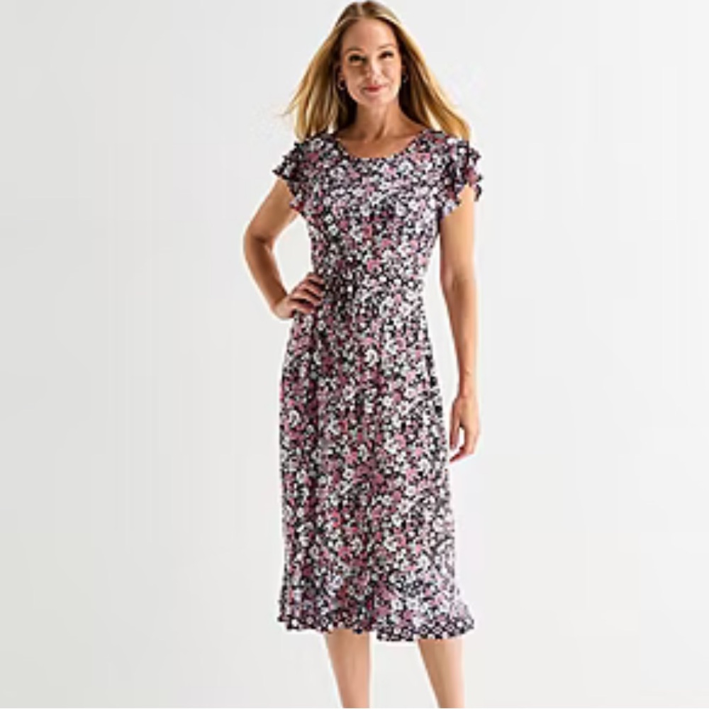 Perceptions Floral Midi Dress with Ruffle Sleeves Sz Small NWT
